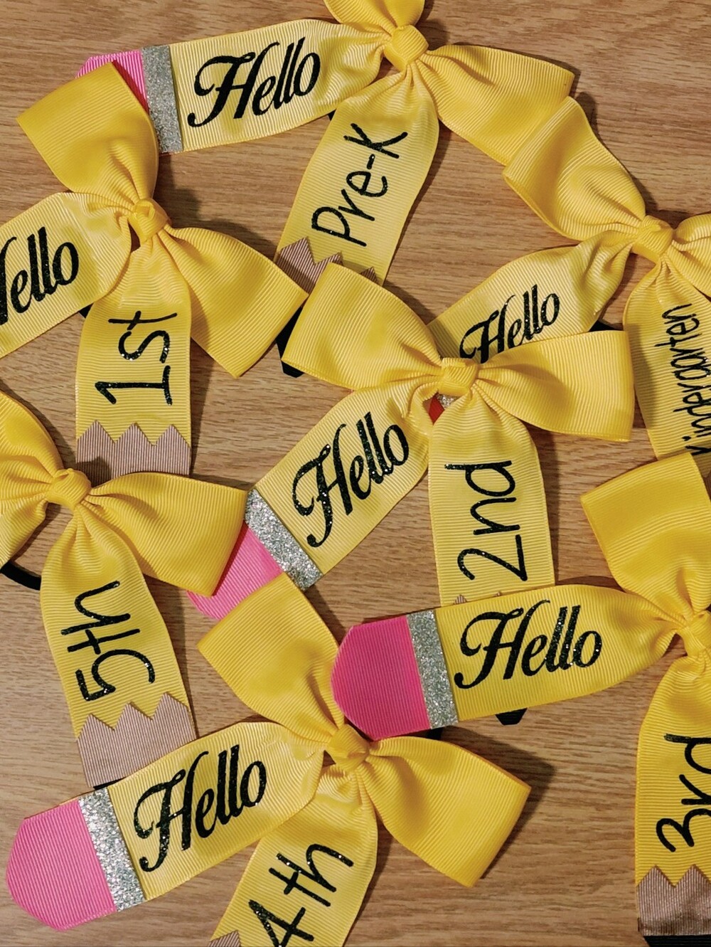Back To School Yellow, Pink, Black & Silver Bow W/Elastic Hair Tie Personalized